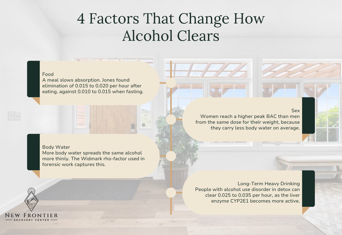 Four factors that change how fast alcohol clears: food, sex, body water, and long-term heavy drinking, which can raise the rate to 0.035 per hour.
