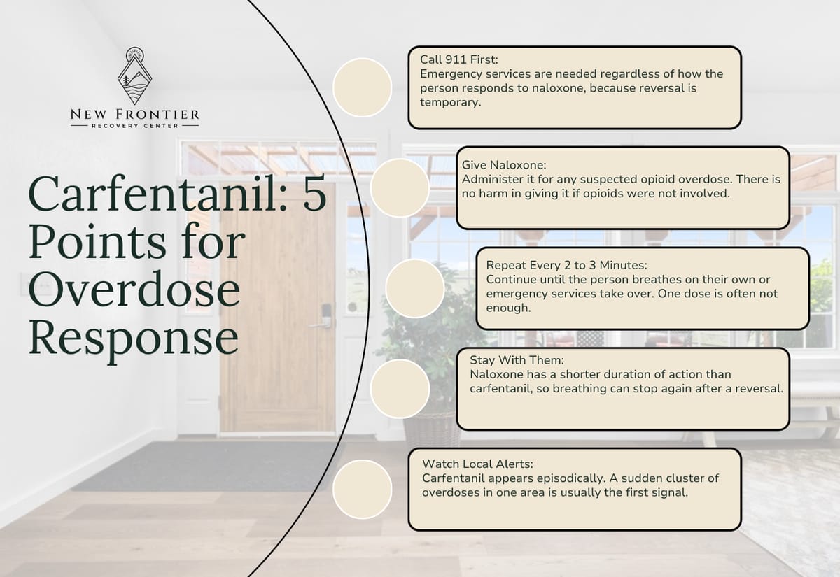 Five steps for a suspected carfentanil overdose: call 911, give naloxone, repeat every 2 to 3 minutes, stay with them, watch local alerts.