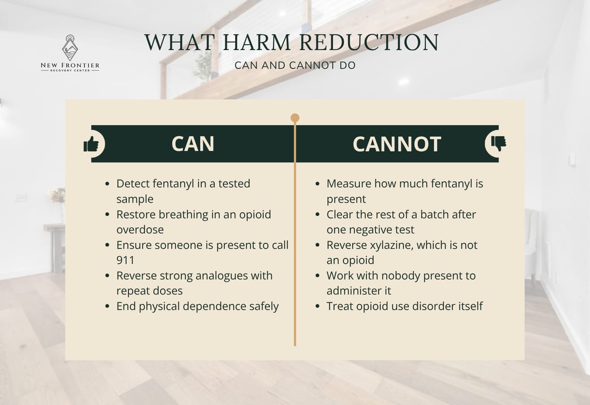 What harm reduction can and cannot do with fentanyl, comparing test strips and naloxone against their documented limits.