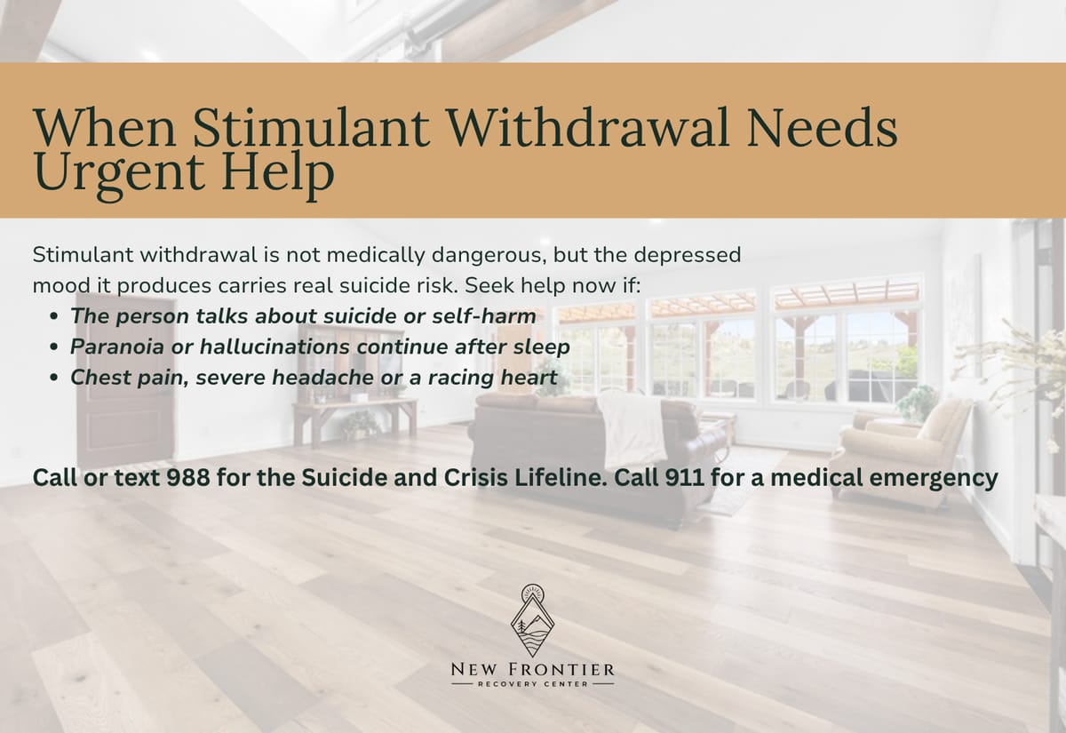 Urgent warning signs in stimulant withdrawal, with the 988 Suicide and Crisis Lifeline and 911 for a medical emergency.